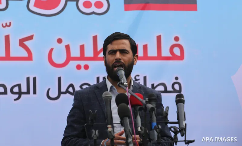 Mushir Al Masri, a Hamas MP and media spokesman speaks during a rally marking Land Day, near the Israeli border with northern Gaza Strip March 30, 2017. March 30 marks Land Day, the annual commemorations of the killing b...