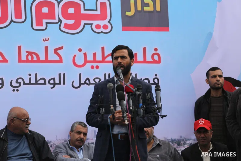 Mushir Al Masri, a Hamas MP and media spokesman speaks during a rally marking Land Day, near the Israeli border with northern Gaza Strip March 30, 2017. March 30 marks Land Day, the annual commemorations of the killing b...