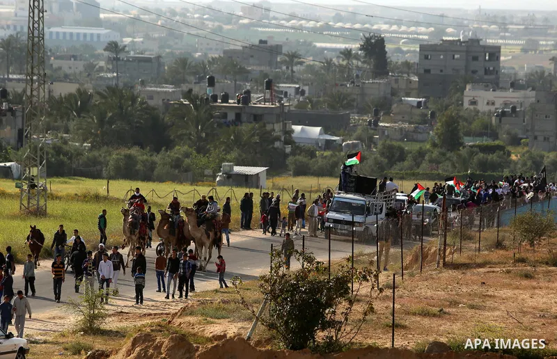Palestinian Bedouins take part during a rally marking the 41st anniversary of Land Day, in Deir el-Balah, Central Gaza Strip, on March 31, 2017. Land Day marks the killing of six Arab Israelis during 1976 demonstrations...
