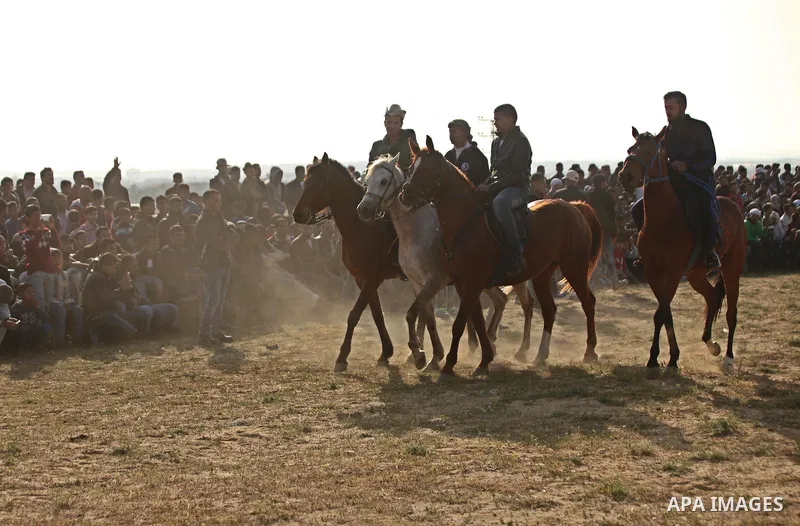Palestinian Bedouins ride horses during a rally marking the 41st anniversary of Land Day, in Deir el-Balah, Central Gaza Strip, on March 31, 2017. Land Day marks the killing of six Arab Israelis during 1976 demonstration...