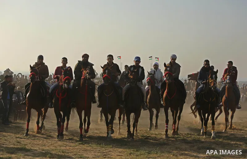 Palestinian Bedouins ride horses during a rally marking the 41st anniversary of Land Day, in Deir el-Balah, Central Gaza Strip, on March 31, 2017. Land Day marks the killing of six Arab Israelis during 1976 demonstration...