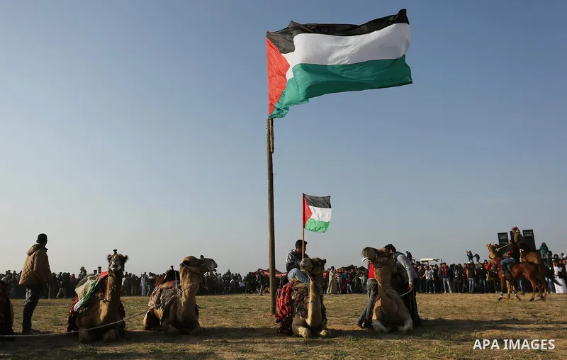 Palestinian Bedouins ride camels during a rally marking the 41st anniversary of Land Day, in Deir el-Balah, Central Gaza Strip, on March 31, 2017. Land Day marks the killing of six Arab Israelis during 1976 demonstration...