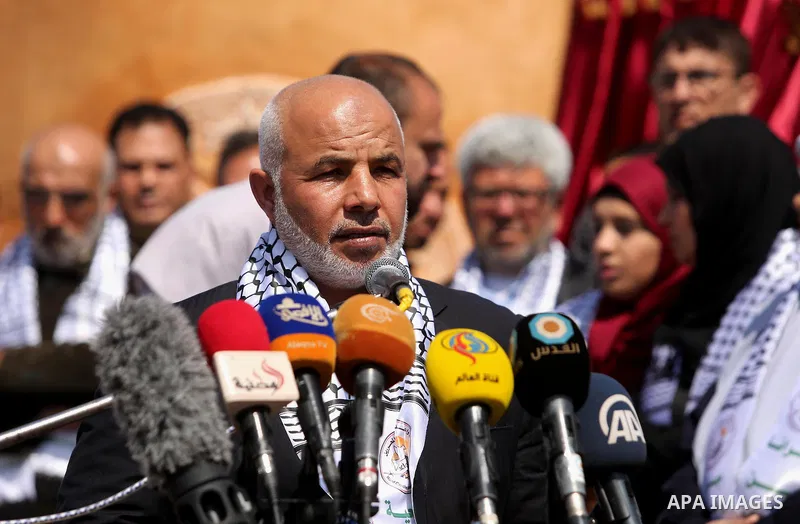 Tawfiq Abu Naim Undersecretary of the Ministry of Interior speaks during the opening ceremony of monument of Palestinian prisoners held in Israeli jails, in the northwest of Gaza city on April 01, 2017. Photo by Ashraf A...