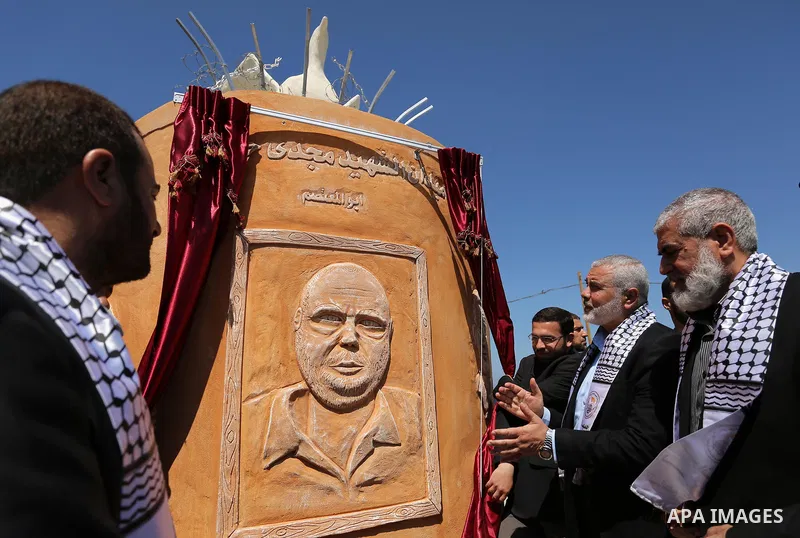 Senior political leaders of the Islamist movement, Ismail Haniyeh attends the opening ceremony of monument of Palestinian prisoners held in Israeli jails, in the northwest of Gaza city on April 01, 2017. Photo by Ashraf...