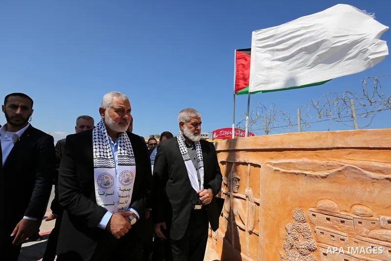 Senior political leaders of the Islamist movement, Ismail Haniyeh attends the opening ceremony of monument of Palestinian prisoners held in Israeli jails, in the northwest of Gaza city on April 01, 2017. Photo by Ashraf...
