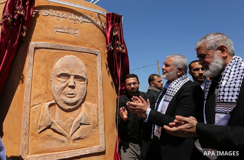 Senior political leaders of the Islamist movement, Ismail Haniyeh attends the opening ceremony of monument of Palestinian prisoners held in Israeli jails, in the northwest of Gaza city on April 01, 2017. Photo by Ashraf...