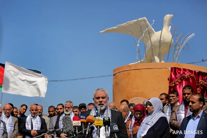 Senior political leaders of the Islamist movement, Ismail Haniyeh speaks during the opening ceremony of monument of Palestinian prisoners held in Israeli jails, in the northwest of Gaza city on April 01, 2017. Photo by A...