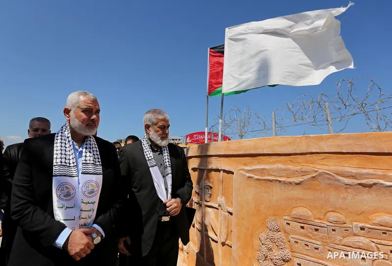 Senior political leaders of the Islamist movement, Ismail Haniyeh attends the opening ceremony of monument of Palestinian prisoners held in Israeli jails, in the northwest of Gaza city on April 01, 2017. Photo by Ashraf...