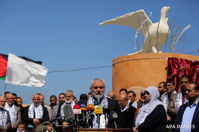 Senior political leaders of the Islamist movement, Ismail Haniyeh speaks during the opening ceremony of monument of Palestinian prisoners held in Israeli jails, in the northwest of Gaza city on April 01, 2017. Photo by A...