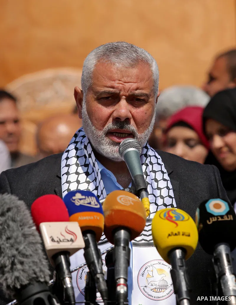 Senior political leaders of the Islamist movement, Ismail Haniyeh speaks during the opening ceremony of monument of Palestinian prisoners held in Israeli jails, in the northwest of Gaza city on April 01, 2017. Photo by A...