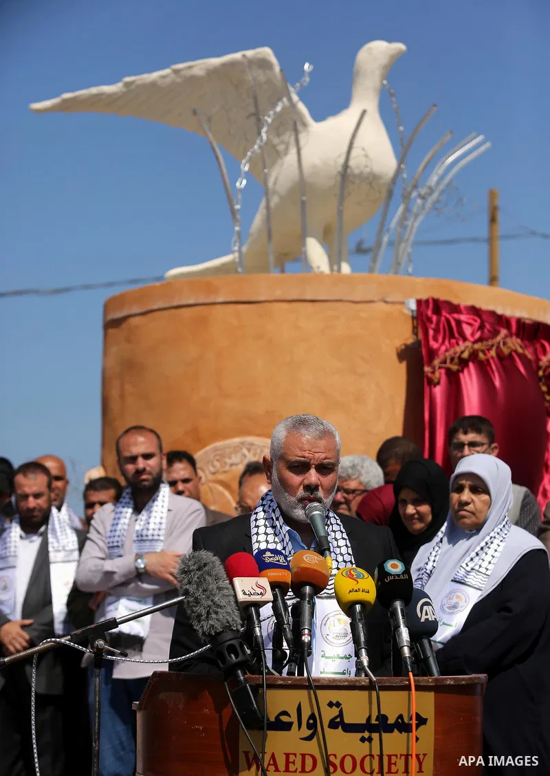Senior political leaders of the Islamist movement, Ismail Haniyeh speaks during the opening ceremony of monument of Palestinian prisoners held in Israeli jails, in the northwest of Gaza city on April 01, 2017. Photo by A...