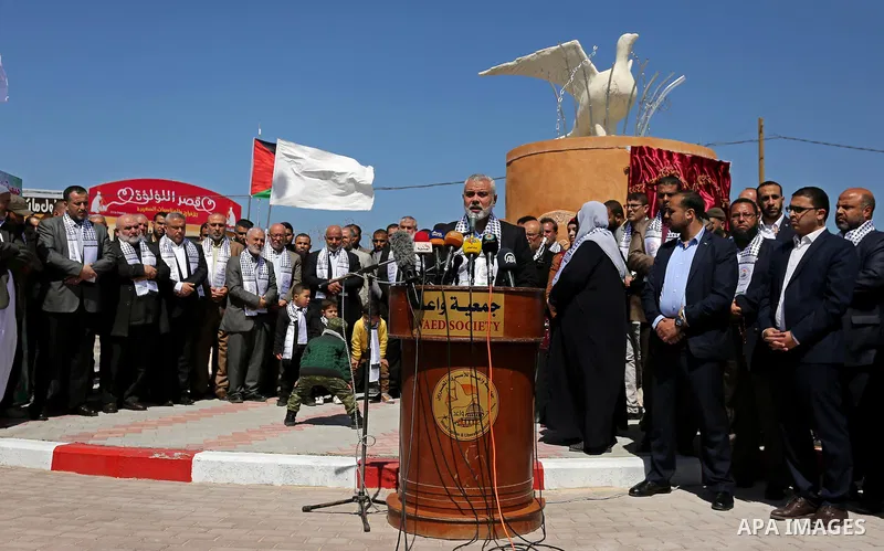 Senior political leaders of the Islamist movement, Ismail Haniyeh speaks during the opening ceremony of monument of Palestinian prisoners held in Israeli jails, in the northwest of Gaza city on April 01, 2017. Photo by A...