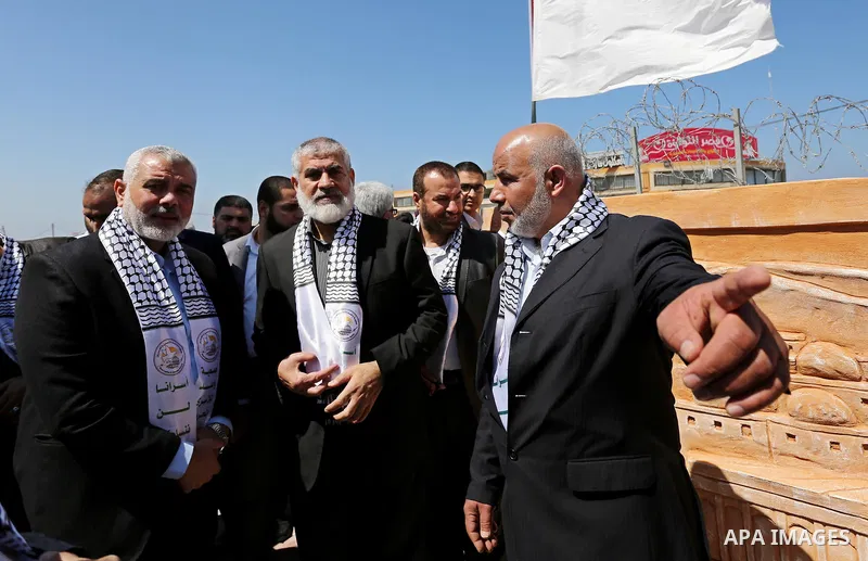 Senior political leaders of the Islamist movement, Ismail Haniyeh attends the opening ceremony of monument of Palestinian prisoners held in Israeli jails, in the northwest of Gaza city on April 01, 2017. Photo by Ashraf...