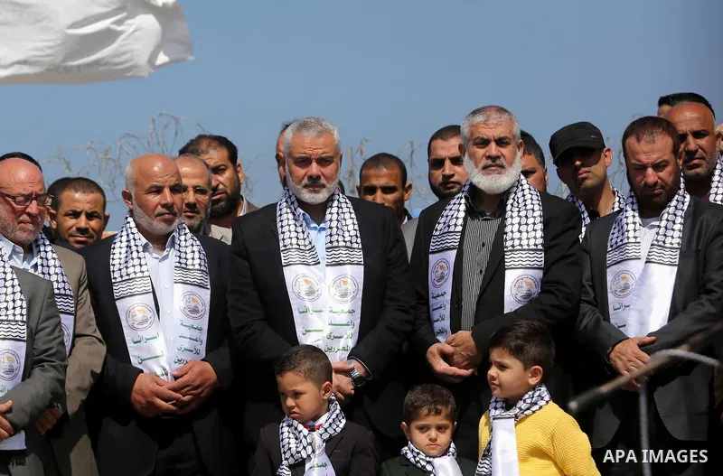Senior political leaders of the Islamist movement, Ismail Haniyeh attends the opening ceremony of monument of Palestinian prisoners held in Israeli jails, in the northwest of Gaza city on April 01, 2017. Photo by Ashraf...