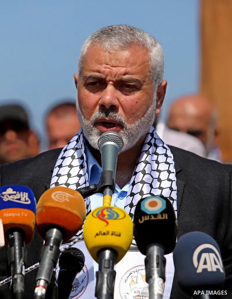 Senior political leaders of the Islamist movement, Ismail Haniyeh speaks during the opening ceremony of monument of Palestinian prisoners held in Israeli jails, in the northwest of Gaza city on April 01, 2017. Photo by A...
