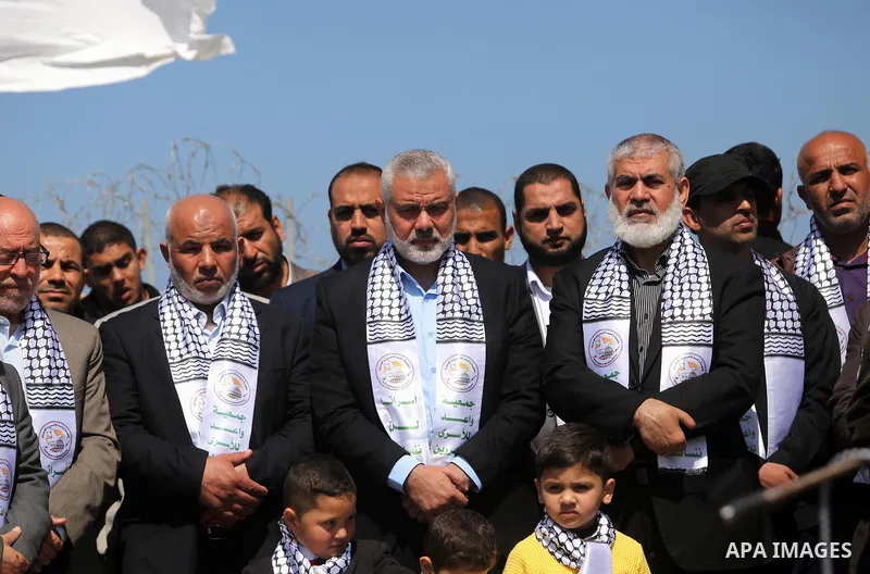 Senior political leaders of the Islamist movement, Ismail Haniyeh attends the opening ceremony of monument of Palestinian prisoners held in Israeli jails, in the northwest of Gaza city on April 01, 2017. Photo by Ashraf...