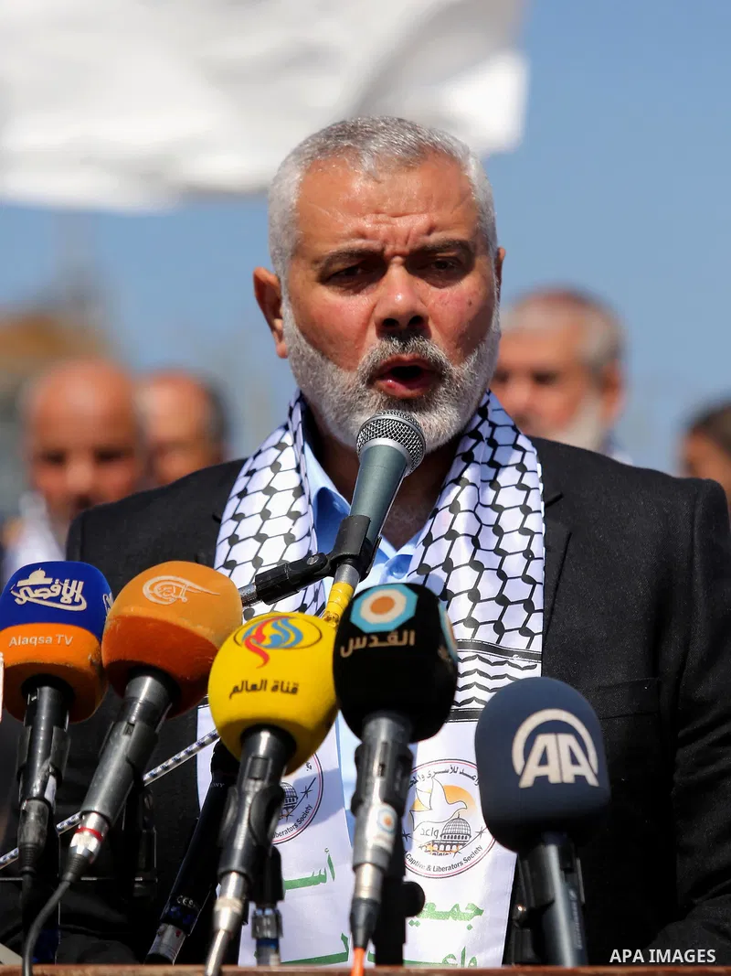 Senior political leaders of the Islamist movement, Ismail Haniyeh speaks during the opening ceremony of monument of Palestinian prisoners held in Israeli jails, in the northwest of Gaza city on April 01, 2017. Photo by A...