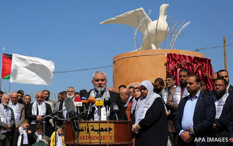 Senior political leaders of the Islamist movement, Ismail Haniyeh speaks during the opening ceremony of monument of Palestinian prisoners held in Israeli jails, in the northwest of Gaza city on April 01, 2017. Photo by A...