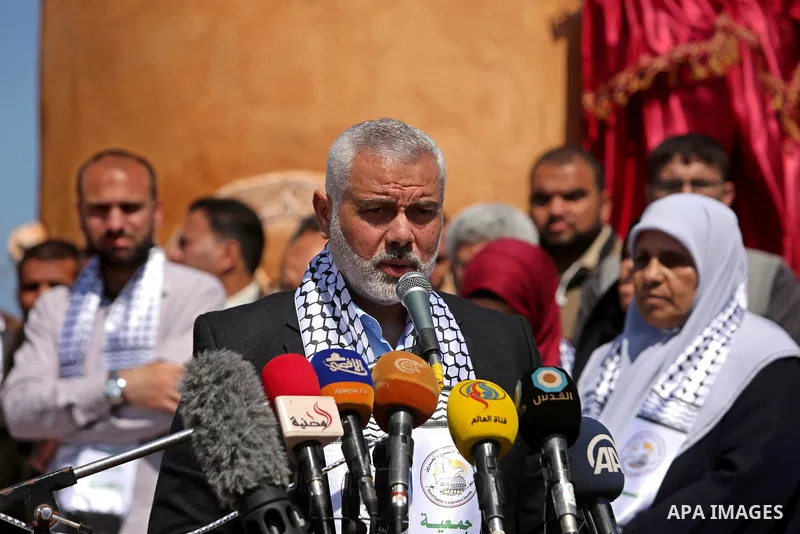 Senior political leaders of the Islamist movement, Ismail Haniyeh speaks during the opening ceremony of monument of Palestinian prisoners held in Israeli jails, in the northwest of Gaza city on April 01, 2017. Photo by A...