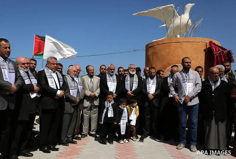 Senior political leaders of the Islamist movement, Ismail Haniyeh attends the opening ceremony of monument of Palestinian prisoners held in Israeli jails, in the northwest of Gaza city on April 01, 2017. Photo by Ashraf...