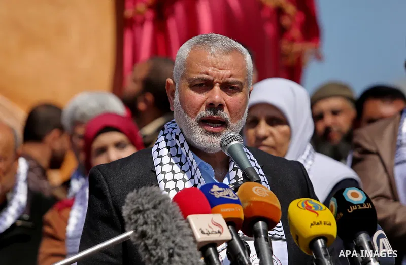 Senior political leaders of the Islamist movement, Ismail Haniyeh speaks during the opening ceremony of monument of Palestinian prisoners held in Israeli jails, in the northwest of Gaza city on April 01, 2017. Photo by A...