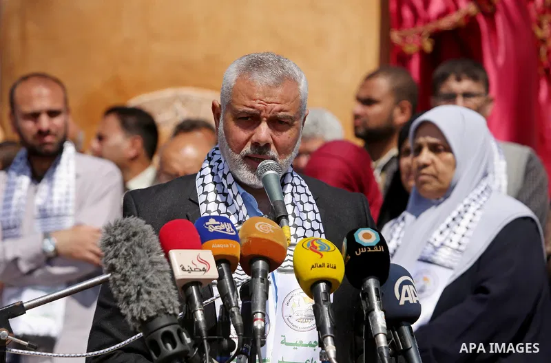 Senior political leaders of the Islamist movement, Ismail Haniyeh speaks during the opening ceremony of monument of Palestinian prisoners held in Israeli jails, in the northwest of Gaza city on April 01, 2017. Photo by A...