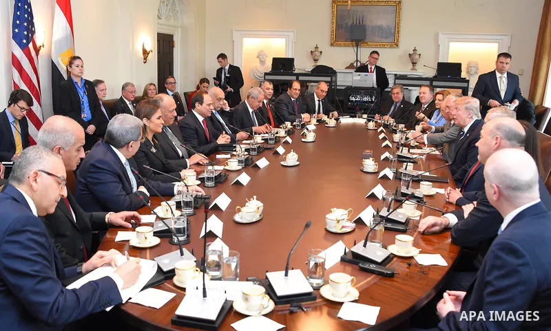 U.S. President Donald Trump and Egyptian President Abdel Fattah el-Sisi attend an inter delegations meeting at the White House in Washington, United States on April 3, 2017. Photo by Egyptian President Office