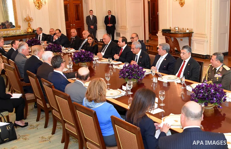 U.S. President Donald Trump and Egyptian President Abdel Fattah el-Sisi attend an inter delegations meeting at the White House in Washington, United States on April 3, 2017. Photo by Egyptian President Office
