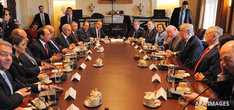 U.S. President Donald Trump and Egyptian President Abdel Fattah el-Sisi attend an inter delegations meeting at the White House in Washington, United States on April 3, 2017. Photo by Egyptian President Office