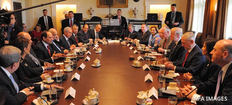U.S. President Donald Trump and Egyptian President Abdel Fattah el-Sisi attend an inter delegations meeting at the White House in Washington, United States on April 3, 2017. Photo by Egyptian President Office