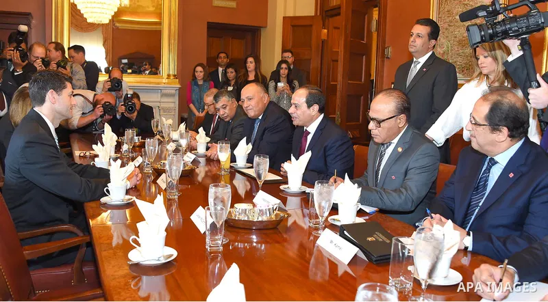 Egyptian President Abdel Fattah al-Sisi attends a meets in a secure room in the basement of the Capitol in Washington, Tuesday, April 4, 2017.Photo by Egyptian President Office