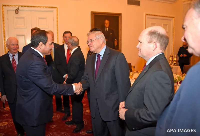 Egyptian President Abdel Fattah al-Sisi attends a meets in a secure room in the basement of the Capitol in Washington, Tuesday, April 4, 2017.Photo by Egyptian President Office