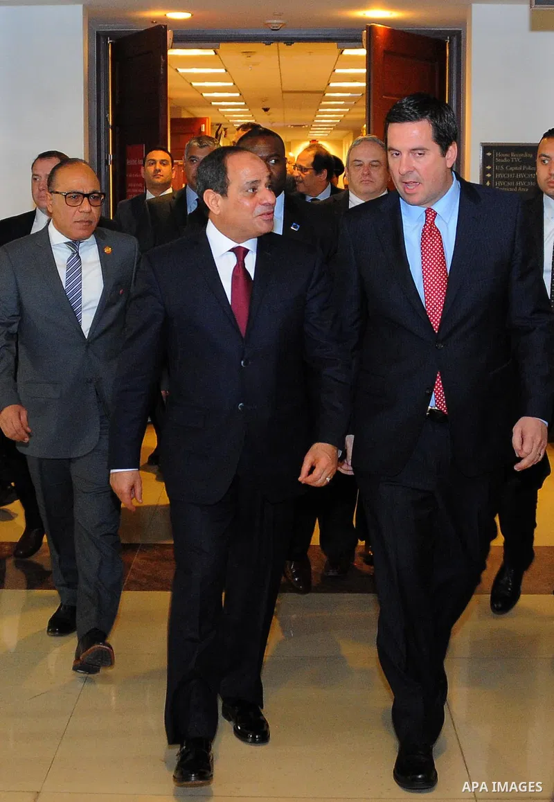 Egyptian President Abdel Fattah al-Sisi meets with House Intelligence Committee Chairman Rep. Devin Nunes, R-Calif, following a closed-door meeting in a secure room in the basement of the Capitol in Washington, Tuesday,...
