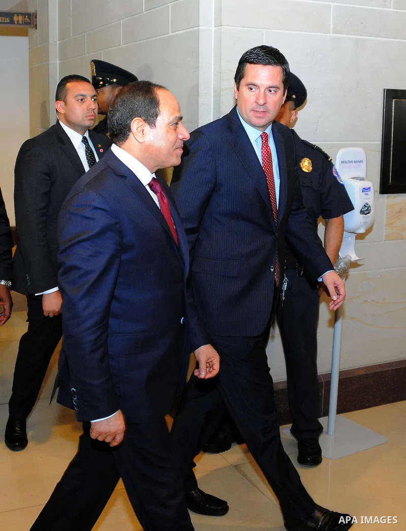 Egyptian President Abdel Fattah al-Sisi meets with House Intelligence Committee Chairman Rep. Devin Nunes, R-Calif, following a closed-door meeting in a secure room in the basement of the Capitol in Washington, Tuesday,...