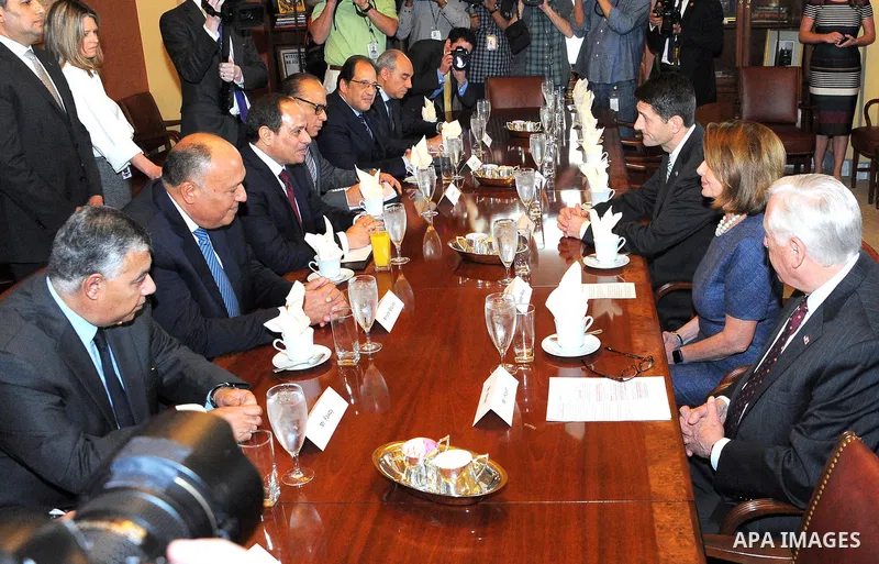 Egyptian President Abdel Fattah al-Sisi attends a meets in a secure room in the basement of the Capitol in Washington, Tuesday, April 4, 2017.Photo by Egyptian President Office