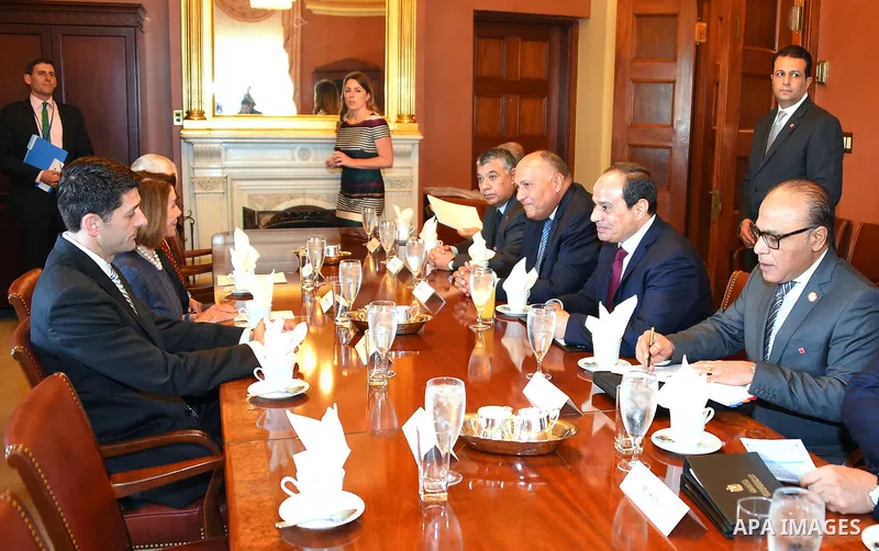 Egyptian President Abdel Fattah al-Sisi attends a meets in a secure room in the basement of the Capitol in Washington, Tuesday, April 4, 2017.Photo by Egyptian President Office