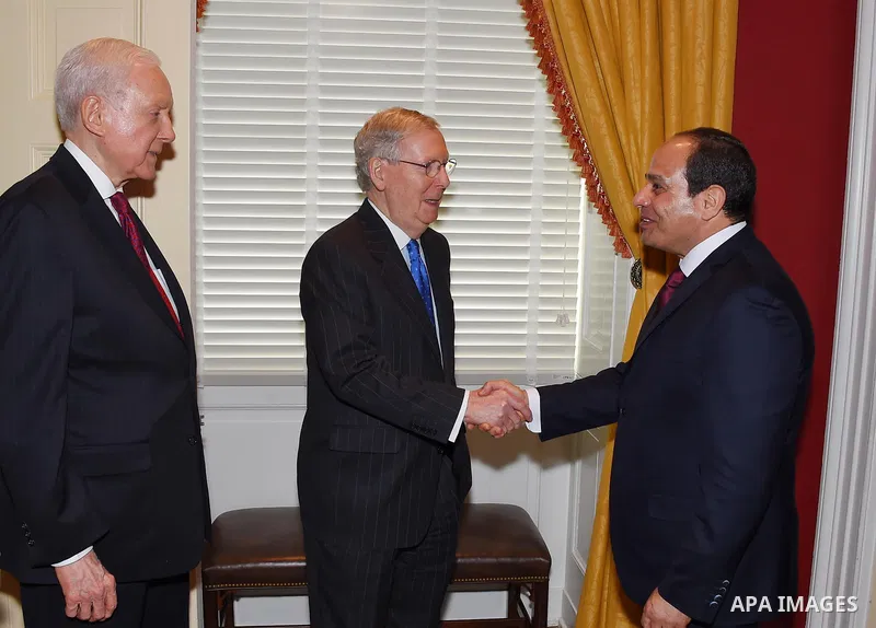 Egyptian President Abdulfettah el-Sisi meets with Senate Majority Leader Mitch McConnell and Senator Orrin Hatch, President Pro Tempore of the US Senate, at the U.S. Capitol in Washington, USA on April 4, 2017. Photo by...