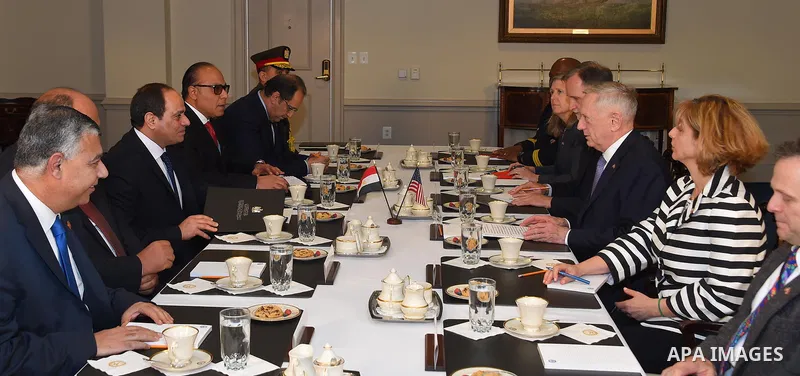 Egypt's President Abdel Fattah al-Sisi meets with US Defense Secretary James Mattis at the Pentagon, in Washington, United States on April 5, 2017. Photo by Egyptian President Office