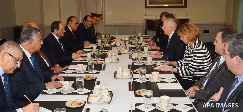 Egypt's President Abdel Fattah al-Sisi meets with US Defense Secretary James Mattis at the Pentagon, in Washington, United States on April 5, 2017. Photo by Egyptian President Office