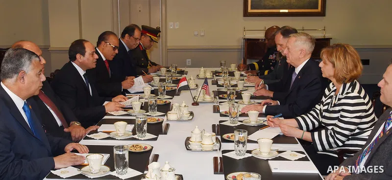 Egypt's President Abdel Fattah al-Sisi meets with US Defense Secretary James Mattis at the Pentagon, in Washington, United States on April 5, 2017. Photo by Egyptian President Office