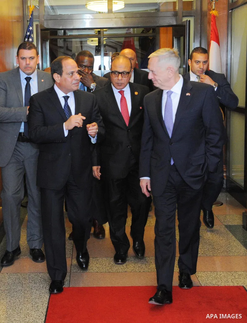 Egypt's President Abdel Fattah al-Sisi meets with US Defense Secretary James Mattis at the Pentagon, in Washington, United States on April 5, 2017. Photo by Egyptian President Office