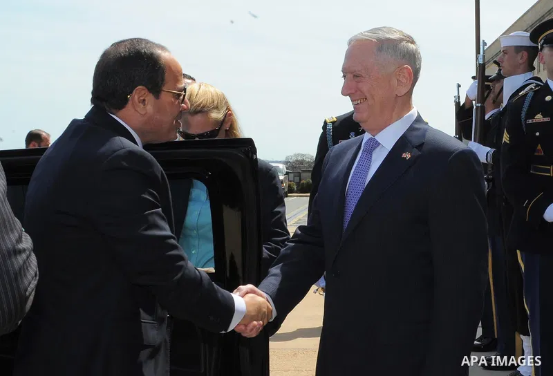 Egypt's President Abdel Fattah al-Sisi meets with US Defense Secretary James Mattis at the Pentagon, in Washington, United States on April 5, 2017. Photo by Egyptian President Office