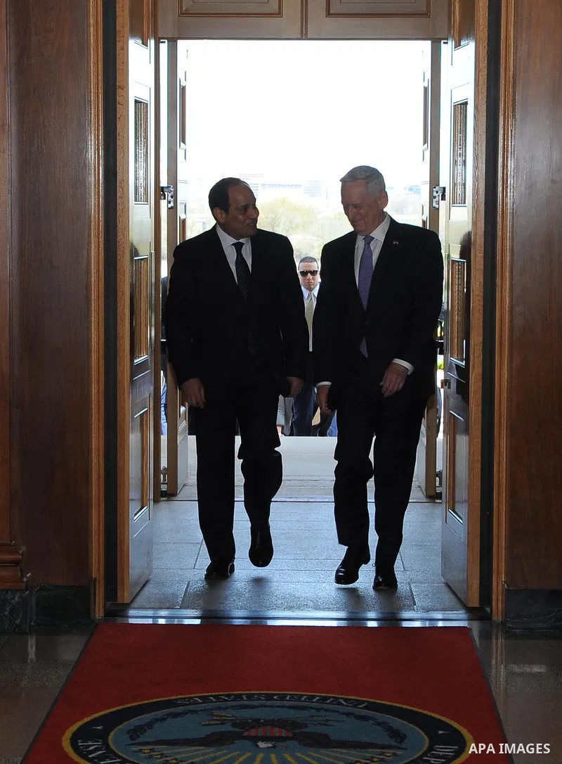Egypt's President Abdel Fattah al-Sisi meets with US Defense Secretary James Mattis at the Pentagon, in Washington, United States on April 5, 2017. Photo by Egyptian President Office