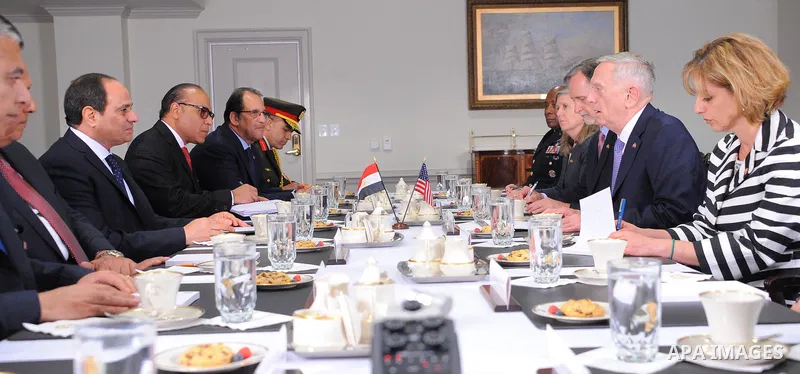 Egypt's President Abdel Fattah al-Sisi meets with US Defense Secretary James Mattis at the Pentagon, in Washington, United States on April 5, 2017. Photo by Egyptian President Office