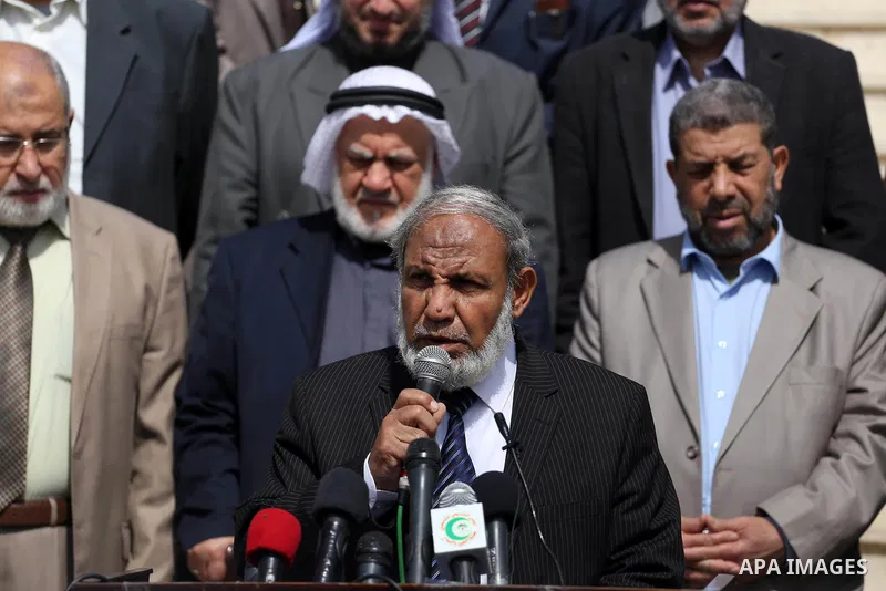 Senior Hamas leader Mahmoud al-Zahar, speaks during a protest in Gaza city, on April 9, 2017. Photo by Mohammed Asad