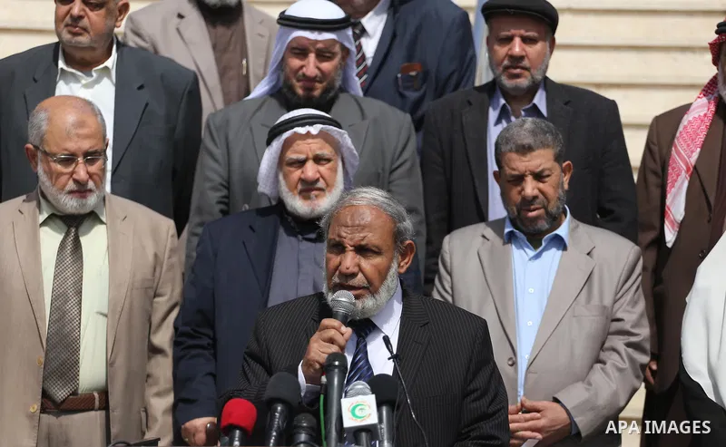 Senior Hamas leader Mahmoud al-Zahar, speaks during a protest in Gaza city, on April 9, 2017. Photo by Mohammed Asad