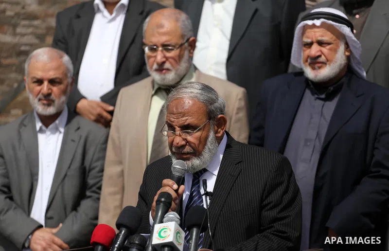 Senior Hamas leader Mahmoud al-Zahar, speaks during a protest in Gaza city, on April 9, 2017. Photo by Mohammed Asad