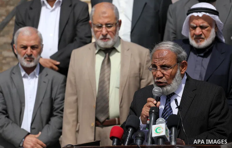 Senior Hamas leader Mahmoud al-Zahar, speaks during a protest in Gaza city, on April 9, 2017. Photo by Mohammed Asad