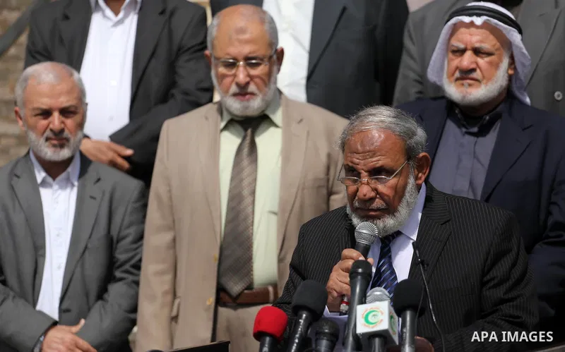 Senior Hamas leader Mahmoud al-Zahar, speaks during a protest in Gaza city, on April 9, 2017. Photo by Mohammed Asad