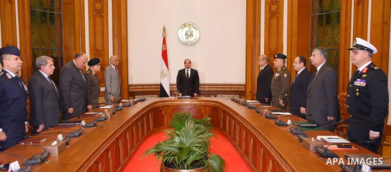 Egyptian President Abdel Fattah al-Sisi and members of the national defense council mourn for the victims of Sunday's two church attacks, in Cairo April 9, 2017. Abdel-Fattah al-Sisi on Sunday evening declared a three-mo...